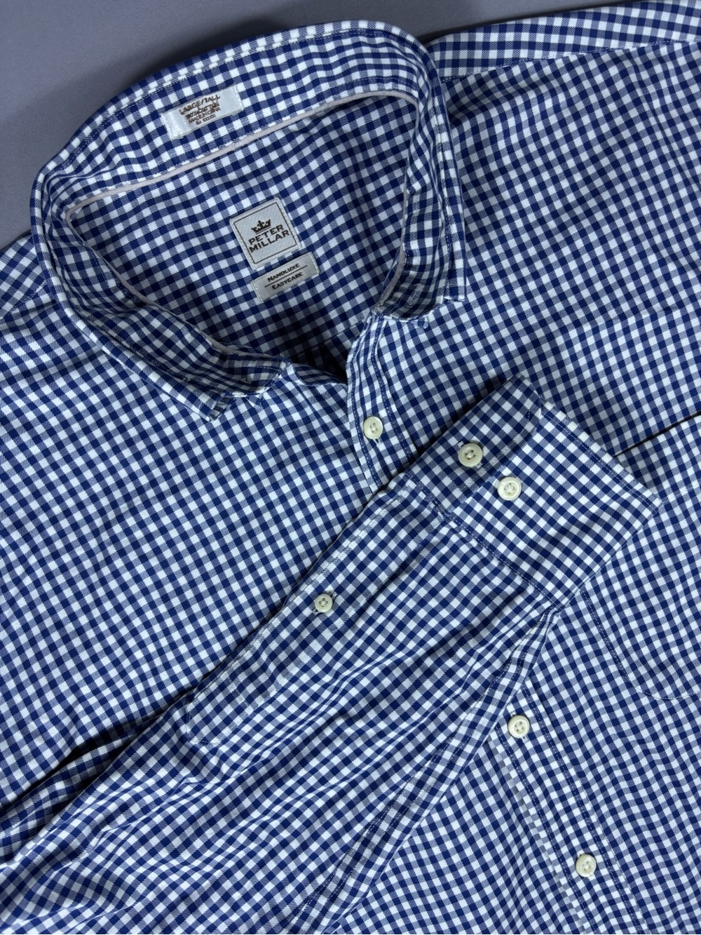 Peter Millar Nanoluxe Easycare Shirt Men Large Tall LT Blue Gingham Cotton
